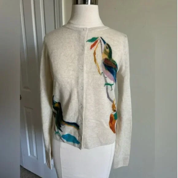 Anthropologie The Juliet Cashmere Cardigan Sweater Birds Graphics size S - Picture 4 of 11